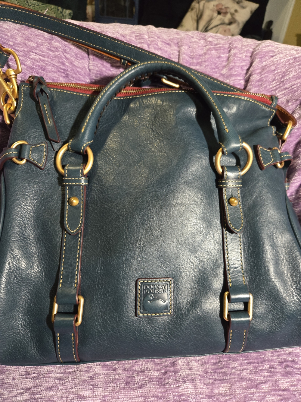Dooney & Bourke Medium Satchel in Denim. Florentine Leather with Gold Hardware. - Picture 10 of 12